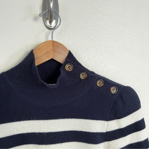 Goop G. LABEL Mindy Cashmere Wool Striped Turtleneck Sweater in Navy Cream - Picture 15 of 17